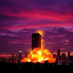 A dramatic explosion in a vibrant cityscape at dusk, with colorful fireworks blending into the fiery clouds