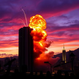 A dramatic explosion in a vibrant cityscape at dusk, with colorful fireworks blending into the fiery clouds