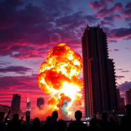 A dramatic explosion in a vibrant cityscape at dusk, with colorful fireworks blending into the fiery clouds