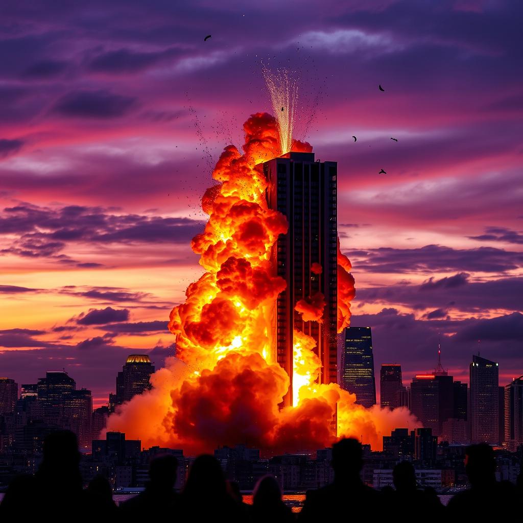 A dramatic explosion in a vibrant cityscape at dusk, with colorful fireworks blending into the fiery clouds