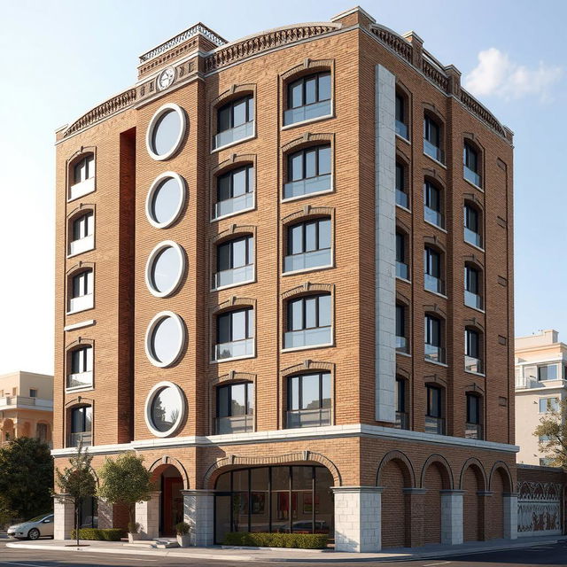 An impressive residential tower with 10 floors and a 50-meter wide facade, predominantly constructed with brick materials, incorporating elegant white travertine stone to enhance its aesthetic appeal