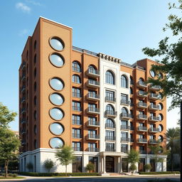 An impressive residential tower with 10 floors and a 50-meter wide facade, predominantly constructed with brick materials, incorporating elegant white travertine stone to enhance its aesthetic appeal