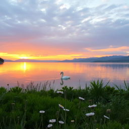 A serene, tranquil landscape featuring a sunset over a calm lake, surrounded by lush greenery and distant mountains