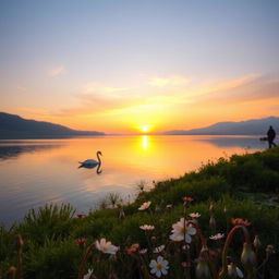 A serene, tranquil landscape featuring a sunset over a calm lake, surrounded by lush greenery and distant mountains