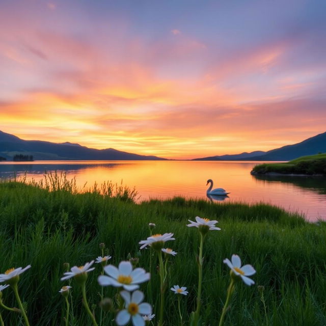 A serene, tranquil landscape featuring a sunset over a calm lake, surrounded by lush greenery and distant mountains