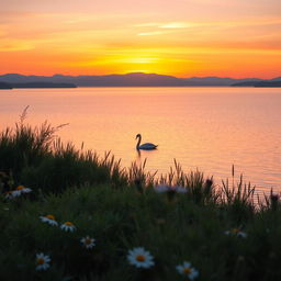 A serene, tranquil landscape featuring a sunset over a calm lake, surrounded by lush greenery and distant mountains