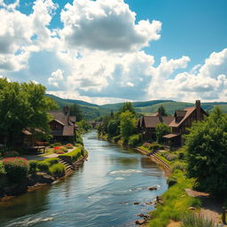 A picturesque village situated alongside a serene river, with charming wooden houses, thatched roofs, and vibrant gardens filled with colorful flowers