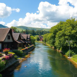 A picturesque village situated alongside a serene river, with charming wooden houses, thatched roofs, and vibrant gardens filled with colorful flowers