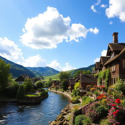 A picturesque village situated alongside a serene river, with charming wooden houses, thatched roofs, and vibrant gardens filled with colorful flowers