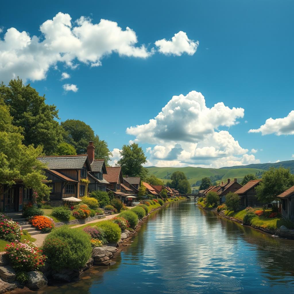 A picturesque village situated alongside a serene river, with charming wooden houses, thatched roofs, and vibrant gardens filled with colorful flowers