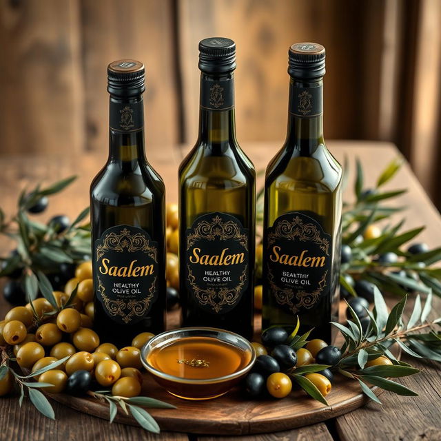 A beautifully arranged display of healthy olive oil bottles branded as "Saalem"