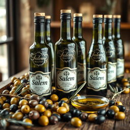 A beautifully arranged display of healthy olive oil bottles branded as "Saalem"