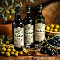 A beautifully arranged display of healthy olive oil bottles branded as "Saalem"