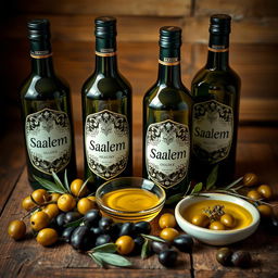 A beautifully arranged display of healthy olive oil bottles branded as "Saalem"