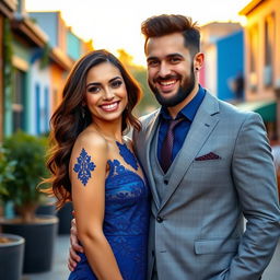 A stunning portrait of two charismatic individuals standing together, one a striking brunette in a stylish blue dress with intricate lace details, and the other a handsome man with a well-groomed beard wearing a tailored gray suit