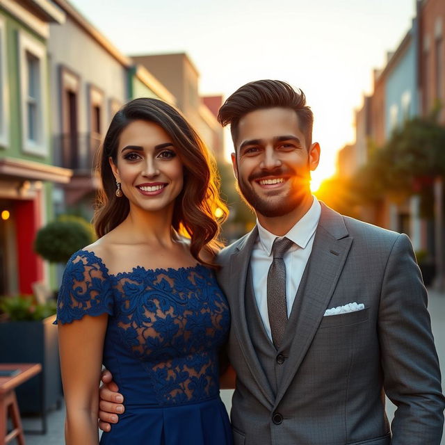 A stunning portrait of two charismatic individuals standing together, one a striking brunette in a stylish blue dress with intricate lace details, and the other a handsome man with a well-groomed beard wearing a tailored gray suit