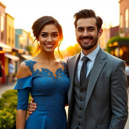A stunning portrait of two charismatic individuals standing together, one a striking brunette in a stylish blue dress with intricate lace details, and the other a handsome man with a well-groomed beard wearing a tailored gray suit