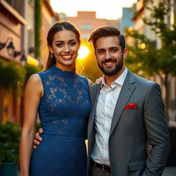 A stunning portrait of two charismatic individuals standing together, one a striking brunette in a stylish blue dress with intricate lace details, and the other a handsome man with a well-groomed beard wearing a tailored gray suit
