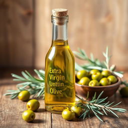 A beautiful still life composition featuring a bottle of extra virgin olive oil with a rustic cork top, a small bowl of fresh green olives, and some sprigs of rosemary
