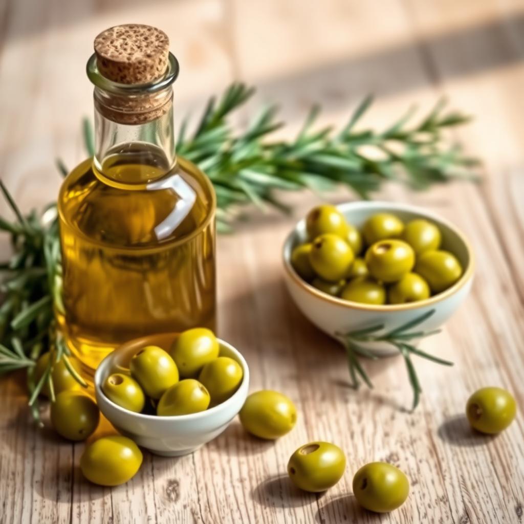 A beautiful still life composition featuring a bottle of extra virgin olive oil with a rustic cork top, a small bowl of fresh green olives, and some sprigs of rosemary