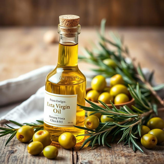 A beautiful still life composition featuring a bottle of extra virgin olive oil with a rustic cork top, a small bowl of fresh green olives, and some sprigs of rosemary