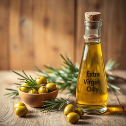A beautiful still life composition featuring a bottle of extra virgin olive oil with a rustic cork top, a small bowl of fresh green olives, and some sprigs of rosemary