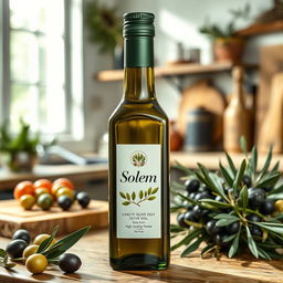 A high-quality bottle of olive oil from a trusted brand named 'Solem'