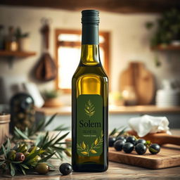 A high-quality bottle of olive oil from a trusted brand named 'Solem'