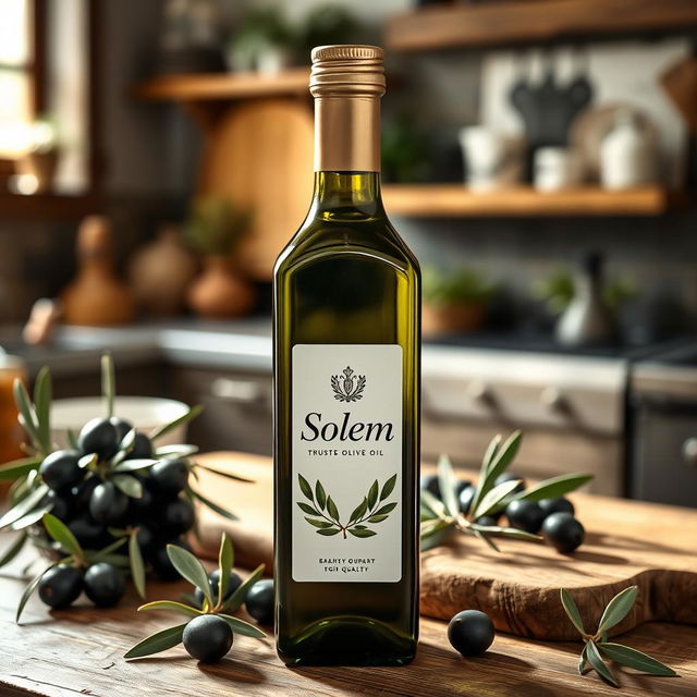 A high-quality bottle of olive oil from a trusted brand named 'Solem'