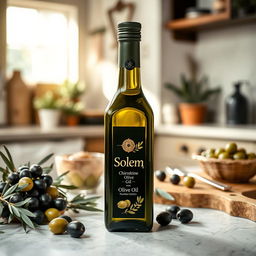 A high-quality bottle of olive oil from a trusted brand named 'Solem'
