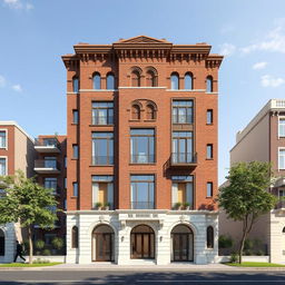 Design a facade of a ten-story residential building, with a width of 50 meters