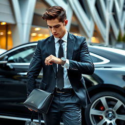 A young man in a sleek, formal outfit, featuring a tailored suit with a crisp white shirt and a stylish tie, stands next to a modern luxury car