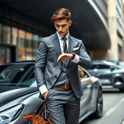 A young man in a sleek, formal outfit, featuring a tailored suit with a crisp white shirt and a stylish tie, stands next to a modern luxury car