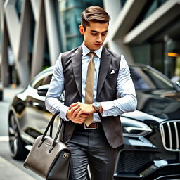 A young man in a sleek, formal outfit, featuring a tailored suit with a crisp white shirt and a stylish tie, stands next to a modern luxury car