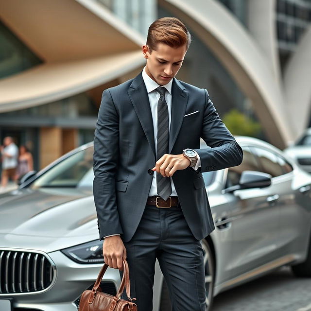 A young man in a sleek, formal outfit, featuring a tailored suit with a crisp white shirt and a stylish tie, stands next to a modern luxury car