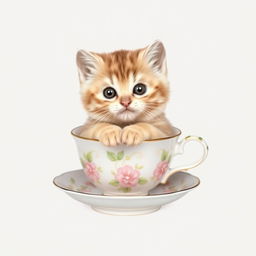 A charming and adorable kitten sitting snugly in a delicate teacup, with soft fur and bright, expressive eyes