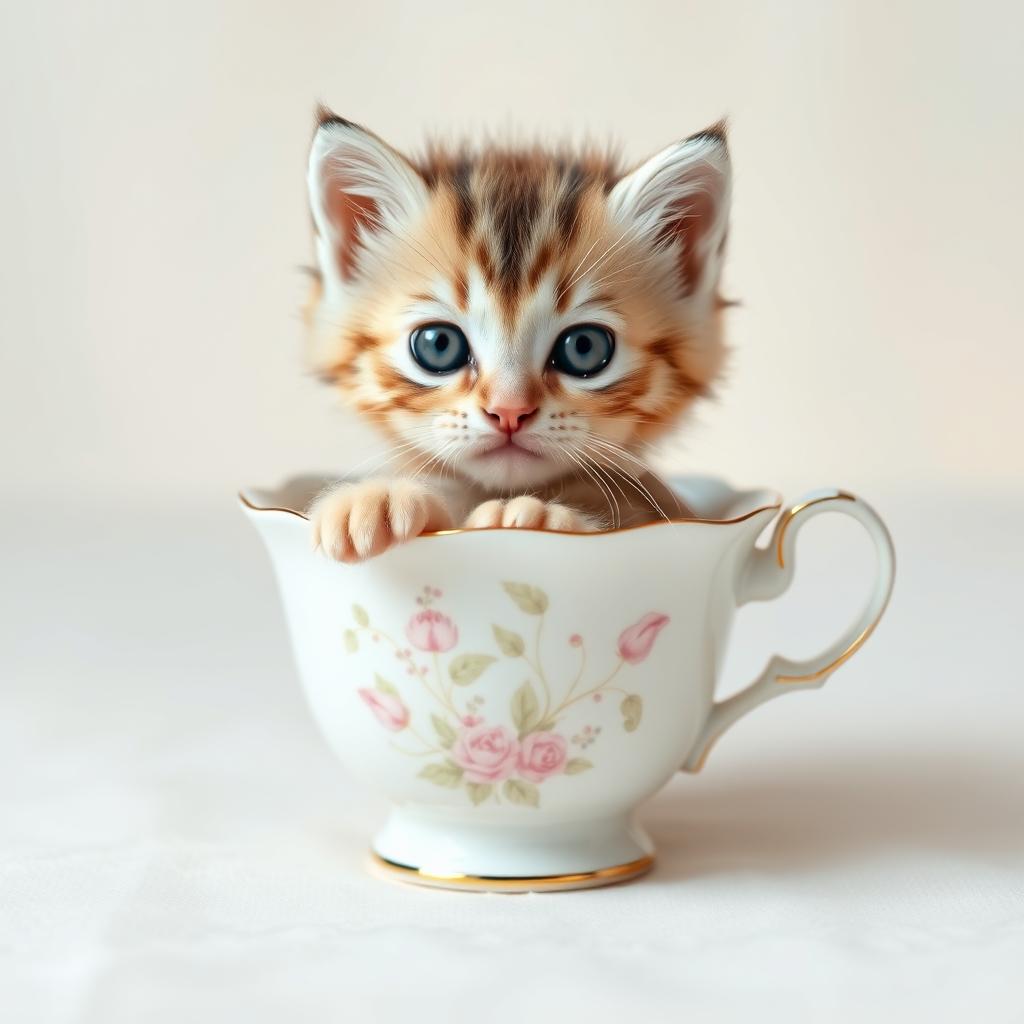 A charming and adorable kitten sitting snugly in a delicate teacup, with soft fur and bright, expressive eyes