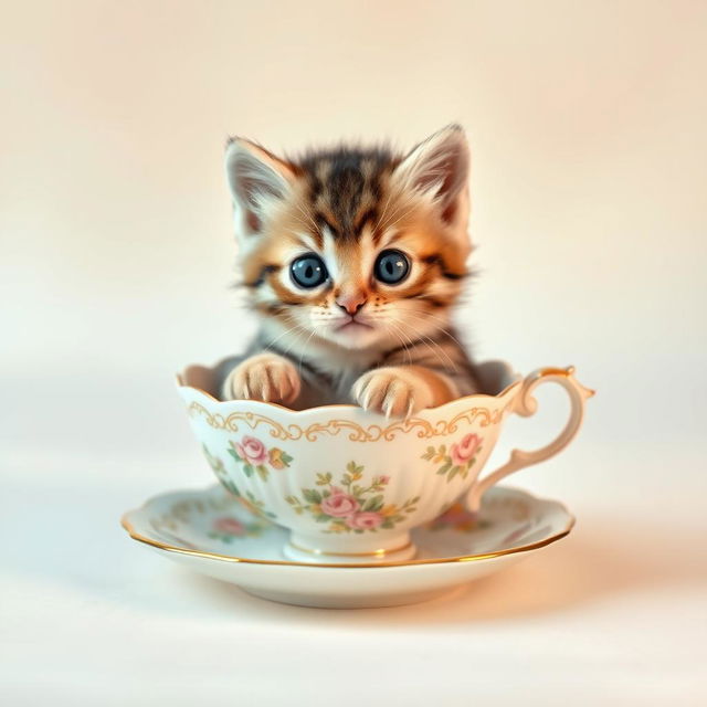 A charming and adorable kitten sitting snugly in a delicate teacup, with soft fur and bright, expressive eyes