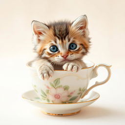 A charming and adorable kitten sitting snugly in a delicate teacup, with soft fur and bright, expressive eyes