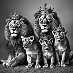 A black and white image featuring one adult male lion, one adult female lion, and two juvenile lionesses