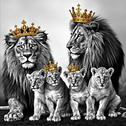 A black and white image featuring one adult male lion, one adult female lion, and two juvenile lionesses