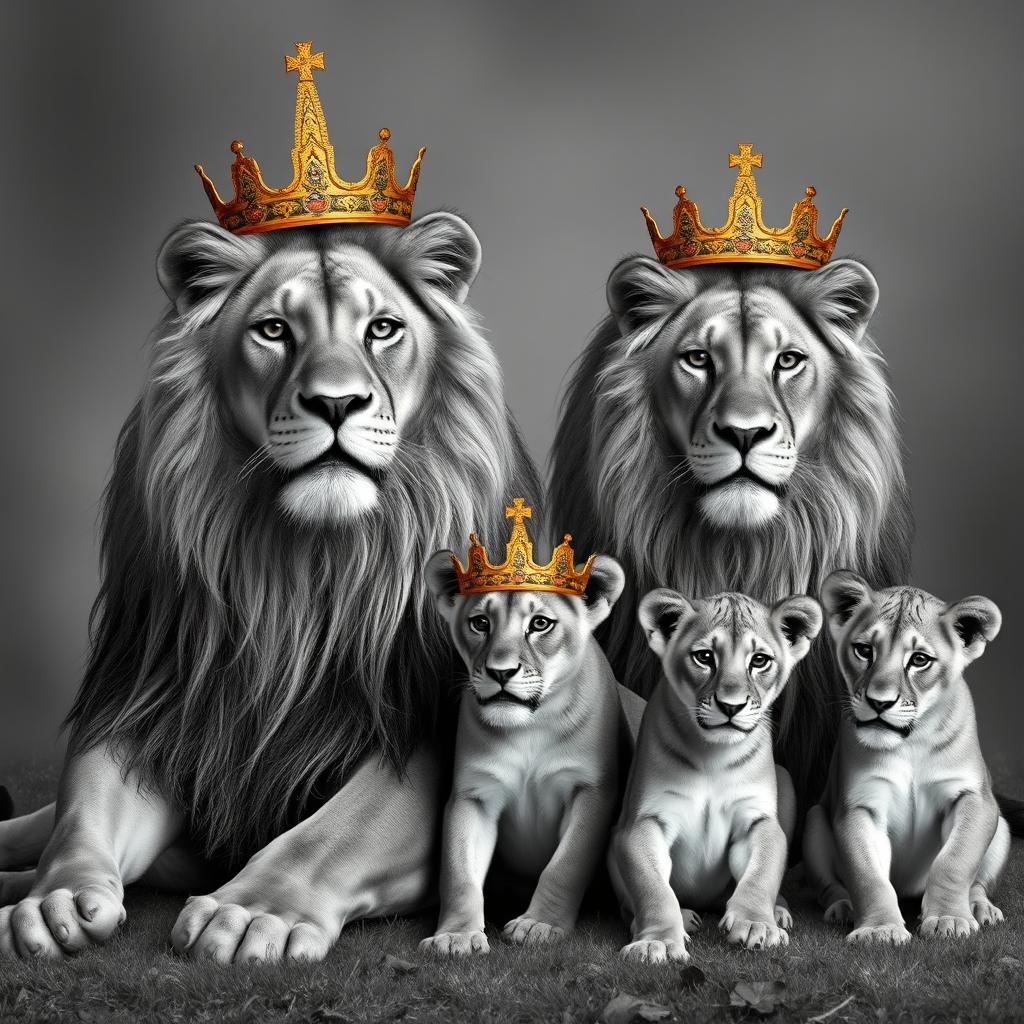 A black and white image featuring one adult male lion, one adult female lion, and two juvenile lionesses