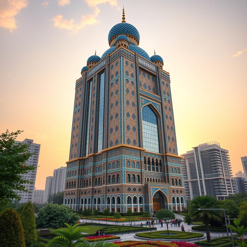 A tall, groundbreaking skyscraper inspired by Safavid architecture, specifically the magnificent Ali Qapu Palace in Isfahan