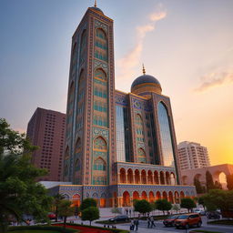 A tall, groundbreaking skyscraper inspired by Safavid architecture, specifically the magnificent Ali Qapu Palace in Isfahan