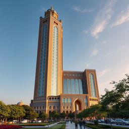 A tall, groundbreaking skyscraper inspired by Safavid architecture, specifically the magnificent Ali Qapu Palace in Isfahan