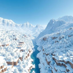 A vast and immersive Minecraft world transformed into a snowy landscape, featuring all terrain and structures covered in a pure white blanket