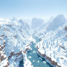 A vast and immersive Minecraft world transformed into a snowy landscape, featuring all terrain and structures covered in a pure white blanket