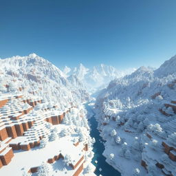 A vast and immersive Minecraft world transformed into a snowy landscape, featuring all terrain and structures covered in a pure white blanket