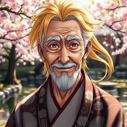 A highly detailed portrait of an elderly anime man with vibrant yellow hair, showcasing intricate facial features such as laugh lines and wise, expressive eyes