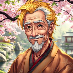 A highly detailed portrait of an elderly anime man with vibrant yellow hair, showcasing intricate facial features such as laugh lines and wise, expressive eyes